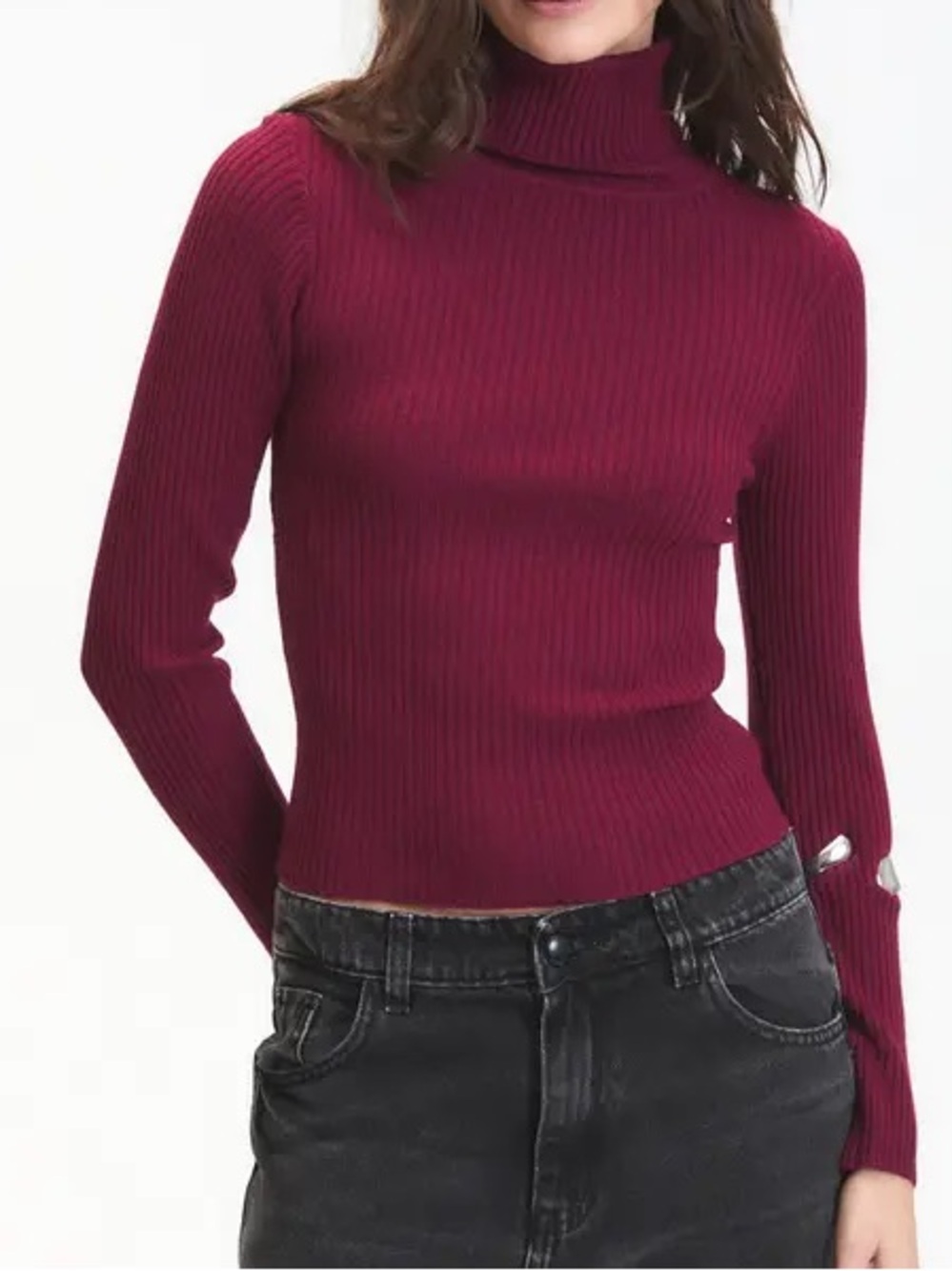 100% cotton Ribbed Mock Neck Sweater - Deep Berry